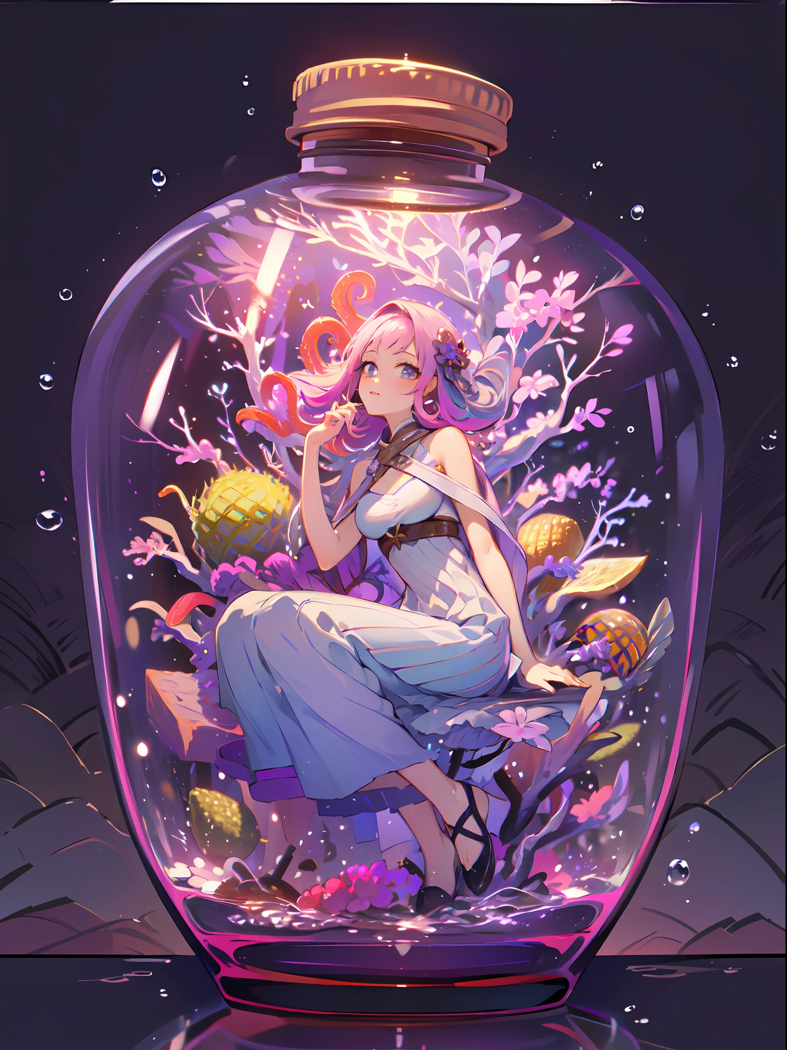 perfect eyes:1.2, detailed eyes:1.4, pineapple, happy, (masterpiece:1.6, best quality), phgls, /bottle, in container, (finely detailed beautiful eyes: 1.2), 1girl, solo, sitting, big breasts, tentacles, purple hair, pink hair, gradient hair, underwater, floating hair