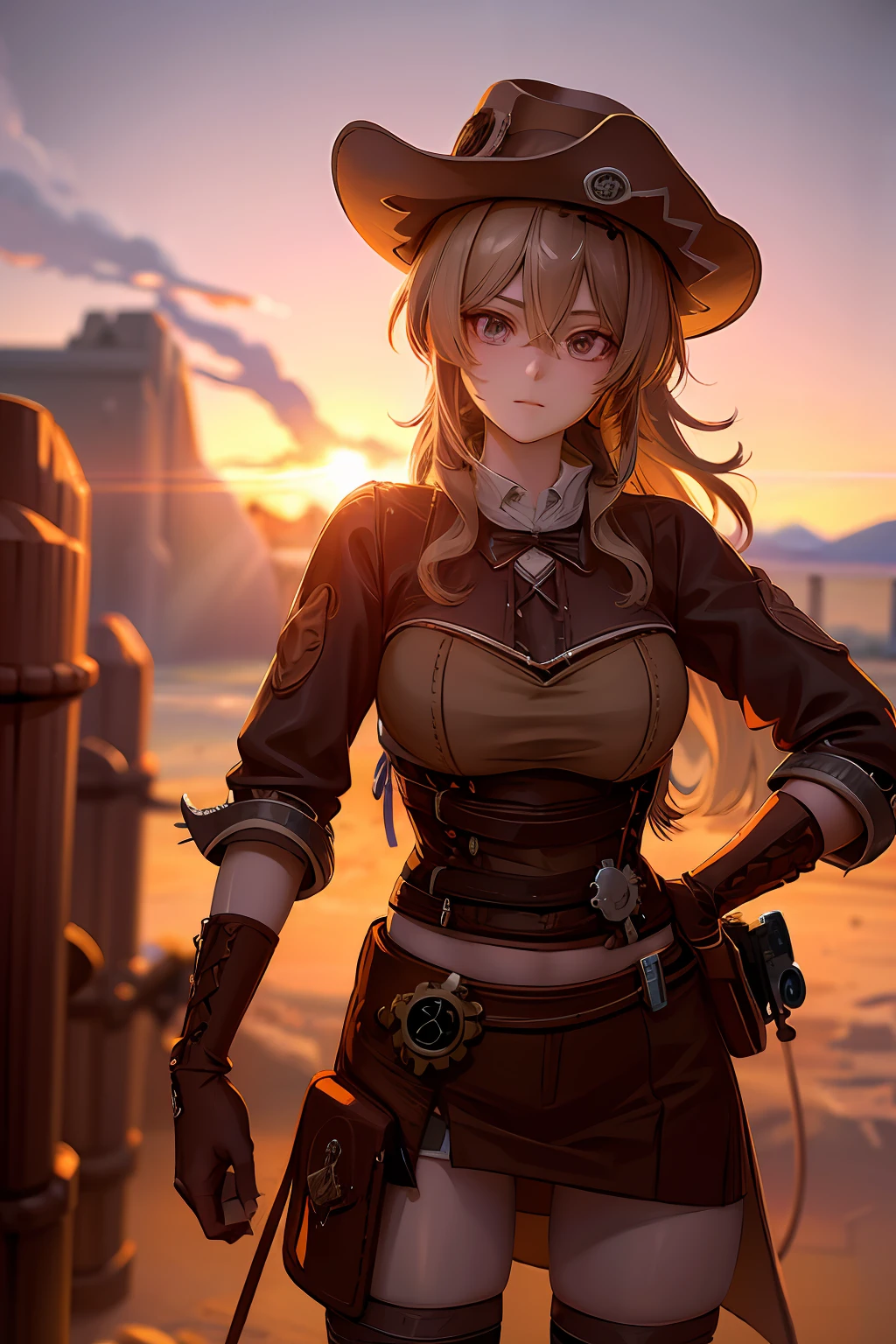 Western-Cowboy-Stil,Fotografie,beste Qualität, Anime Bilder, komplexe Details, (feine Details), (komplexe Details), filmisches Licht, Hintergrundbeleuchtung in bester Qualität, Klare Linie, 8k,sehr hohe Auflösung, Eine Cowboy-Pistole halten