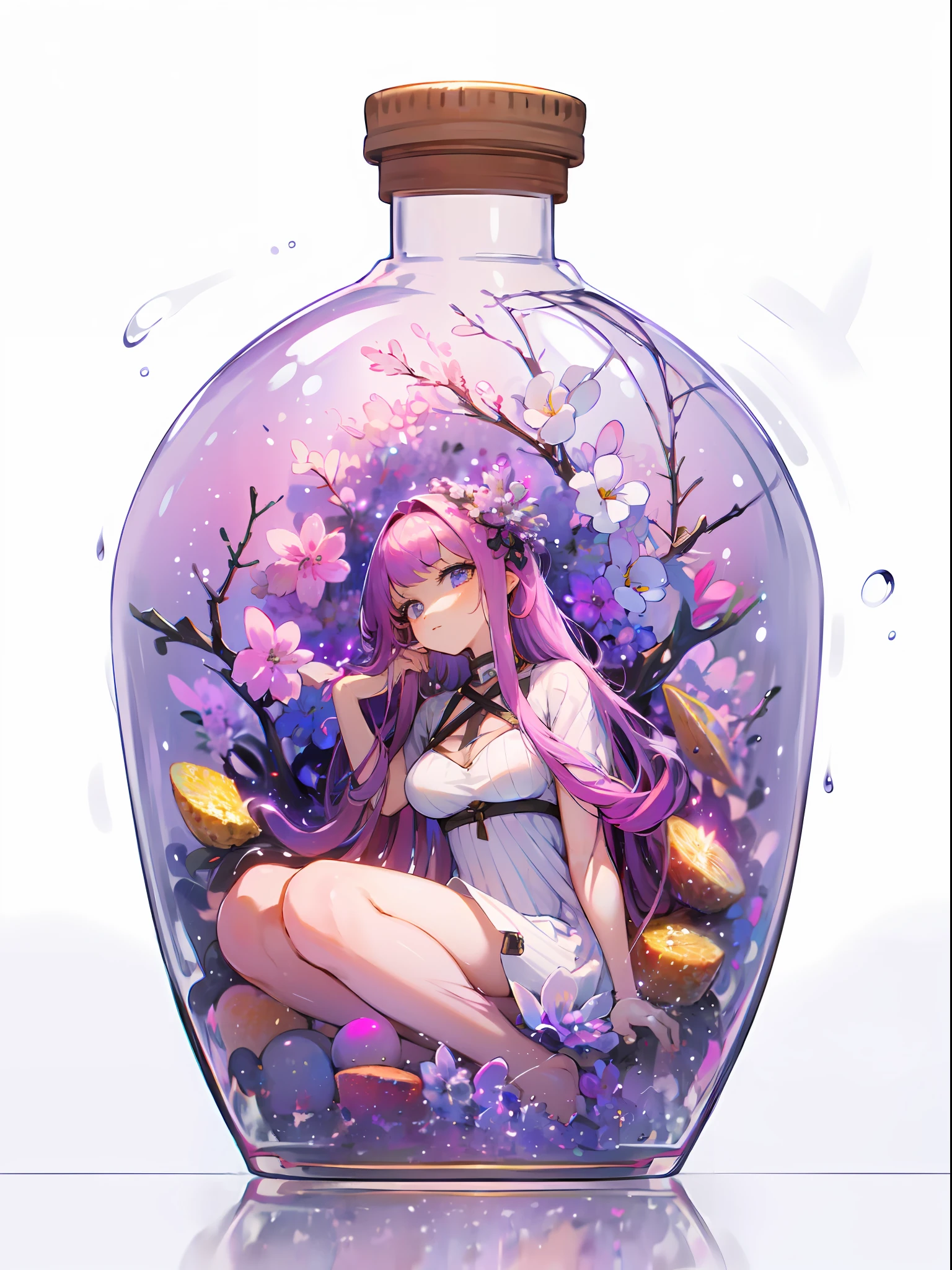 perfect eyes:1.2, detailed eyes:1.4, pineapple, (masterpiece:1.6, best quality), phgls, /bottle, in container, (finely detailed beautiful eyes: 1.2), 1girl, solo, sitting, big breasts, tentacles, purple hair, pink hair, gradient hair, water,