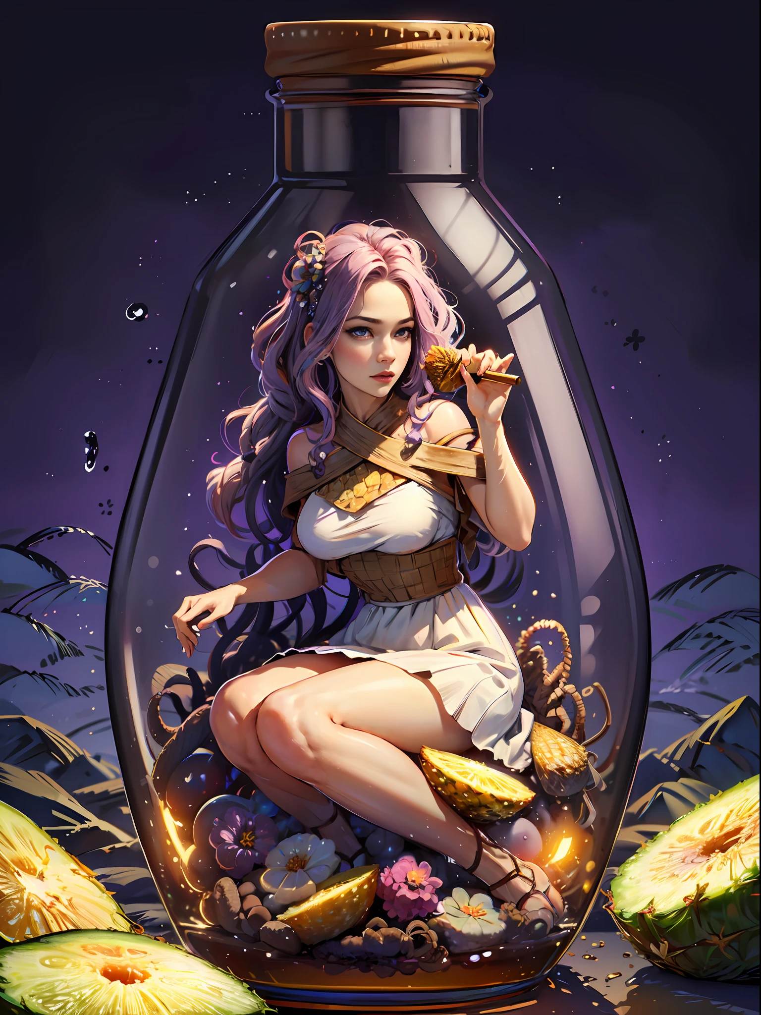 perfect eyes:1.2, detailed eyes:1.4, pineapple, (masterpiece:1.6, best quality), phgls, /bottle, in container, (finely detailed beautiful eyes: 1.2), 1girl, solo, sitting, big breasts, tentacles, purple hair, pink hair, gradient hair, water,