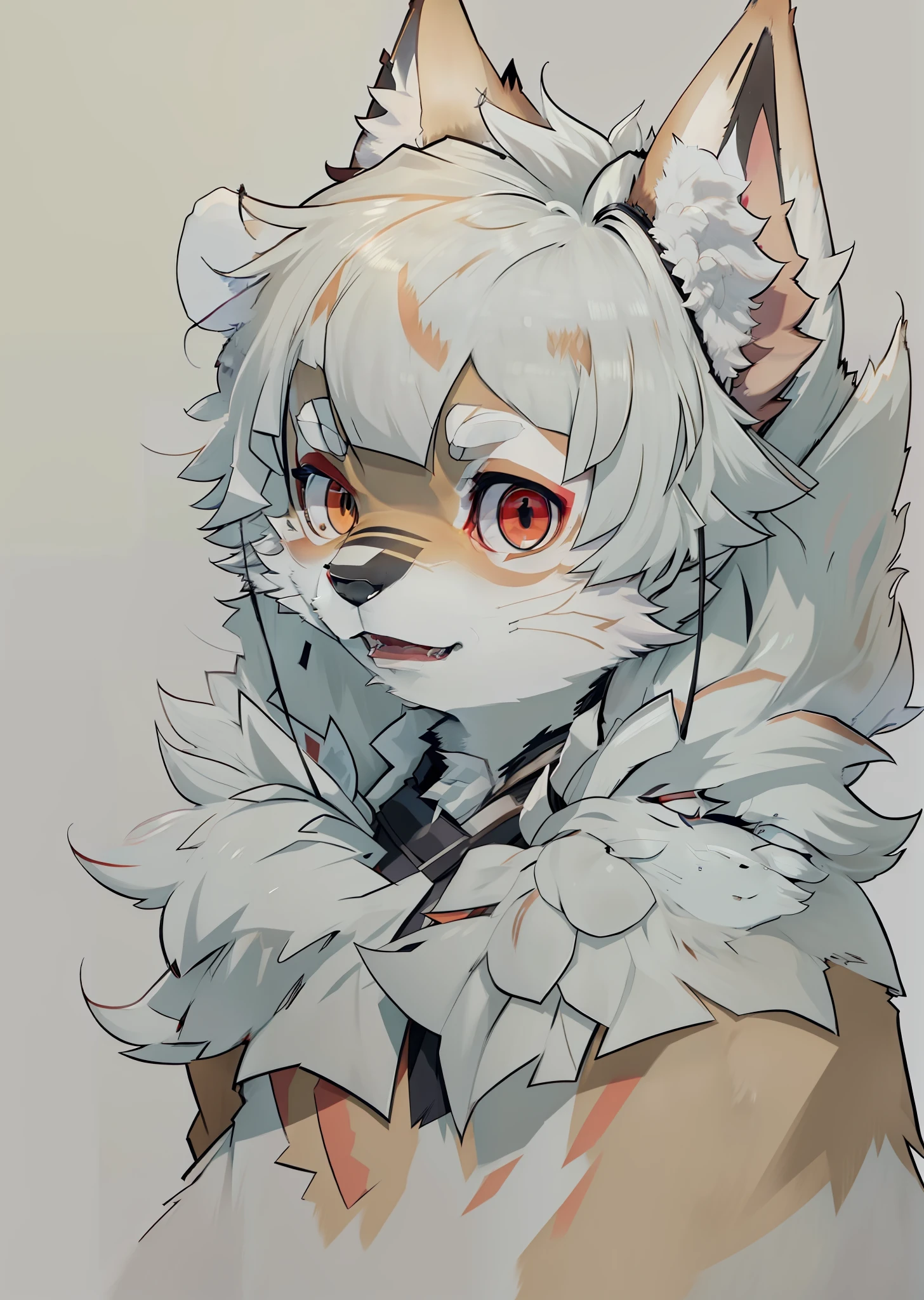 Wolf face，red color eyes，Clock patterns can be mapped in the eye，Ancient hotel counter，The picture is neat，Pure white hair all over the body，There is a little red dye on the hair，shoun，male people，gentleness，Wolf ears，White ears，laughingly，Sharp teeth，glomy，adolable，Dark blue top，Facial features of wolves，Wolf paws，Furry，Covered in furry，shaggy，Furry，short detailed hair，Cute teenager，coyote，orthofacial