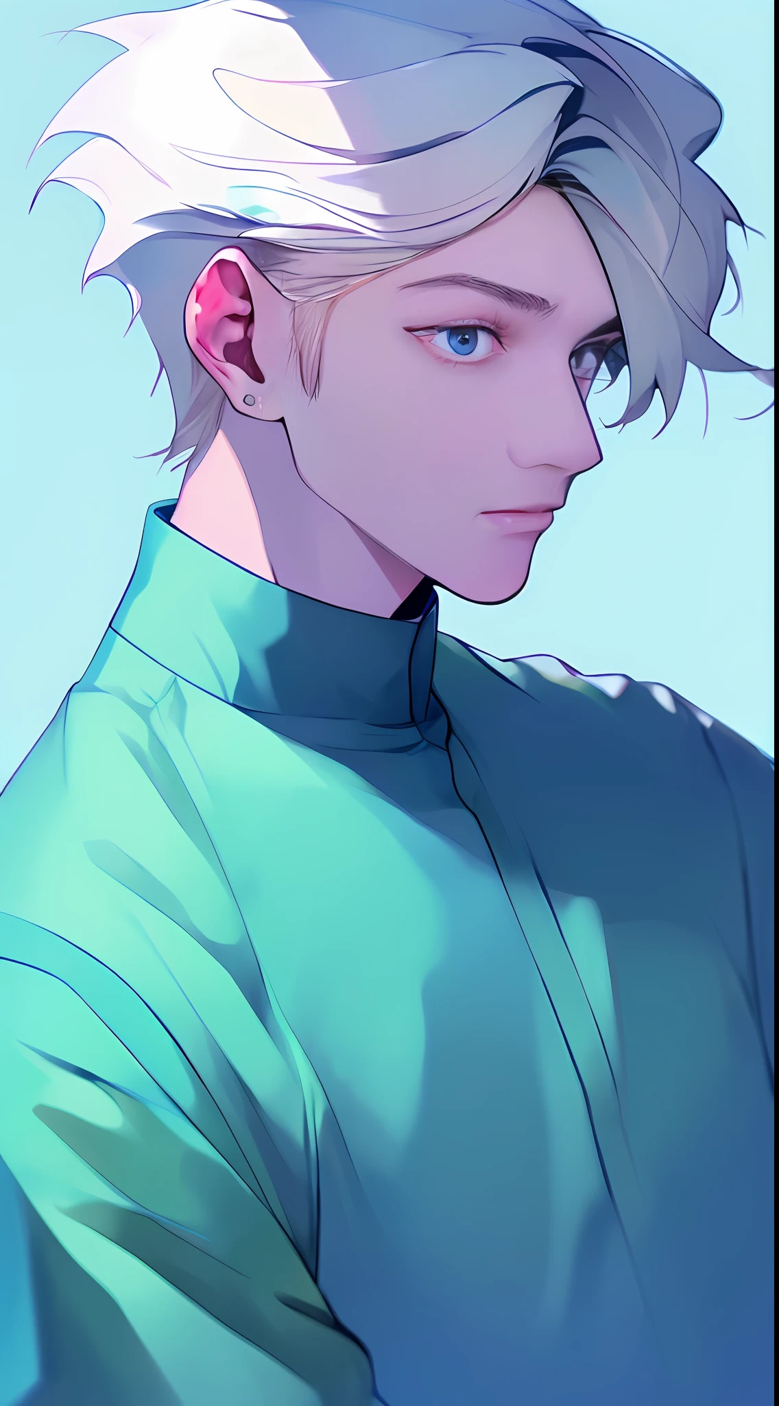 (1 boy, man), upper body, blonde hair, close-up, (flat color: 1), (aesthetic background), angle, friend, (three whites: 1.4) (facing left: 2), fresh and delicate