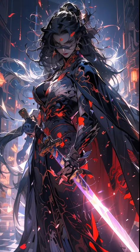 the phantom, swordsman, 1 girl, The facial features are delicate and beautiful, cavalier, Gorgeous armor, Armed with a lightning sword, long black cape, fundo vermelho, The expression is fierce, Sexy figure, Fighting spirit, Ghost fire, ghost, skelleton, M...