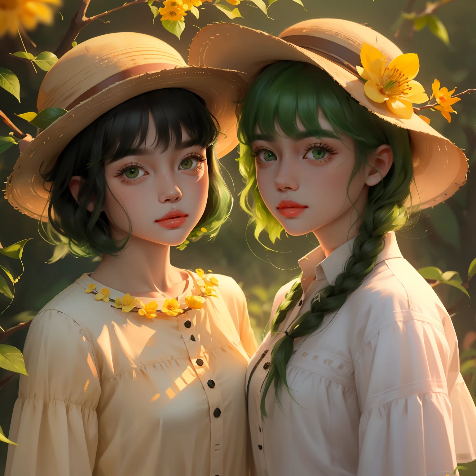 multiple girls, 2girls, flower, bangs, hat, branch, shirt, white shirt, upper body, leaf, yellow background, long sleeves, yellow flower, short hair, green hair,