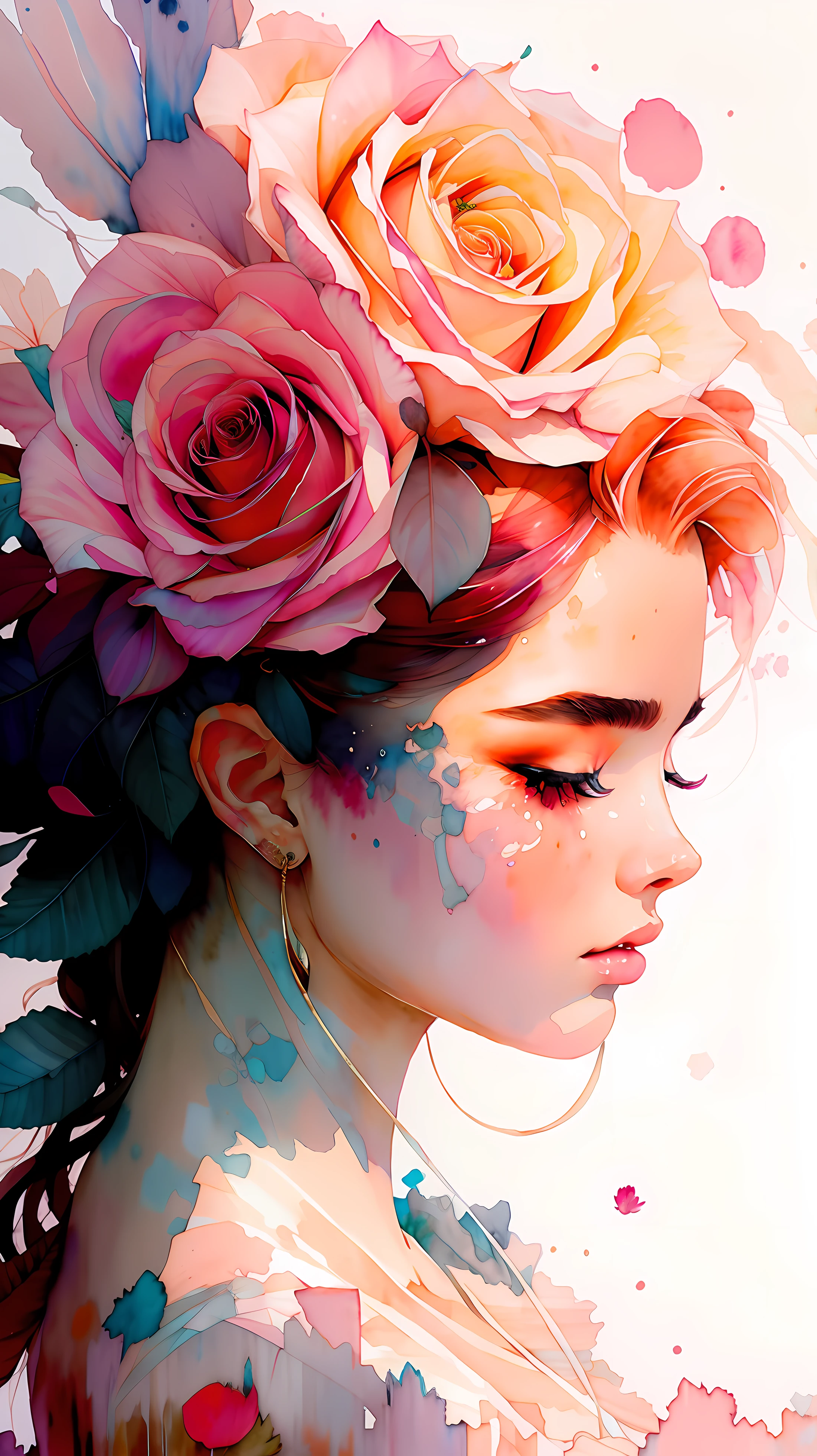 wtrcolor style, (rose) digital art, official art, blown by the wind, masterpiece, beautiful, ((watercolor)), paint splatter, intricate detail. Great detail, [dripping:0.7], Trending on Artstation, Rachel Walker