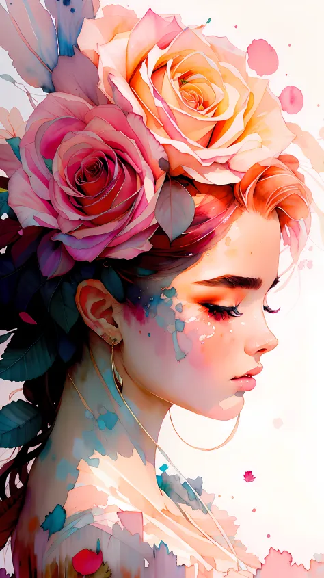 wtrcolor style, (rose) digital art, official art, blown by the wind, masterpiece, beautiful, ((watercolor)), paint splatter, int...