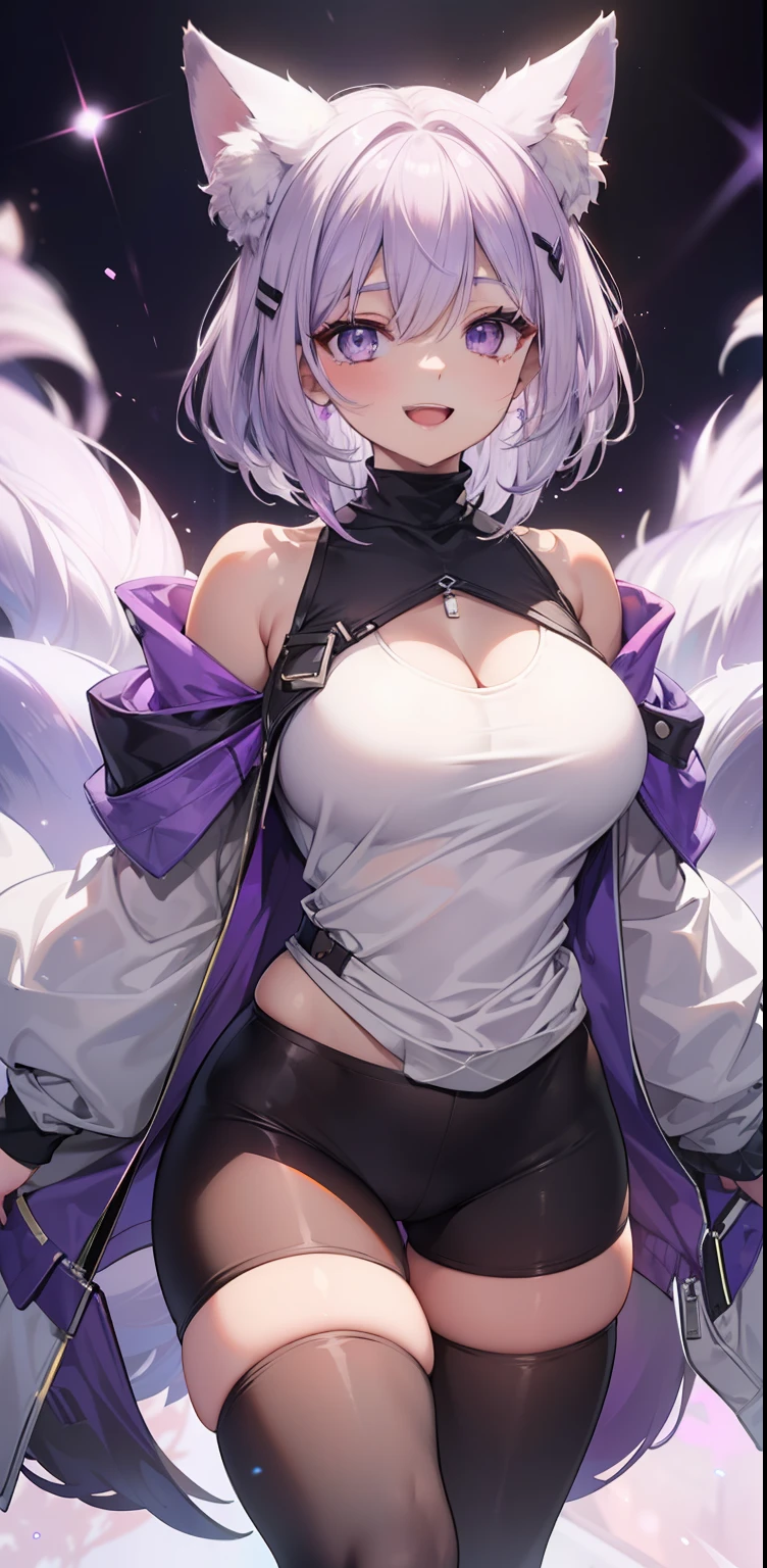 ((masterpiece)), ((best quality)), ((HD 4k)), ((brown skin)), ((perfect anatomy)), ((older woman)), woman, ((female face) ), Happy, ((smiling, open mouth)), ((light lilac eyes)), Eyelid, Sclera, Iris, eyebrow, eyelashes, fox ear, nose, ((giant lilac hair)), ((fringe)) , ((hair details)), ((light effects on hair)), ((sweatshirt)), ((tights)), ((lights effect on clothes)), ((body lights effect)) , neck, shoulders, ((big chest)), arms, ((thick legs)), ((big thigh))