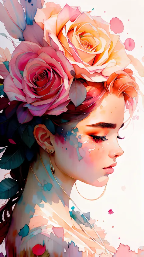 wtrcolor style, (rose) digital art, official art, blown by the wind, masterpiece, beautiful, ((watercolor)), paint splatter, int...