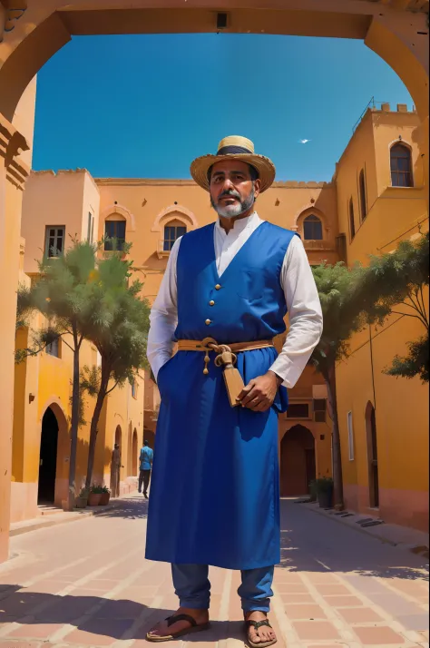 "Under the clear blue skies of Marrakech, an Arabic man craftman poses in a bustling street full of craftsmen. The photorealisti...