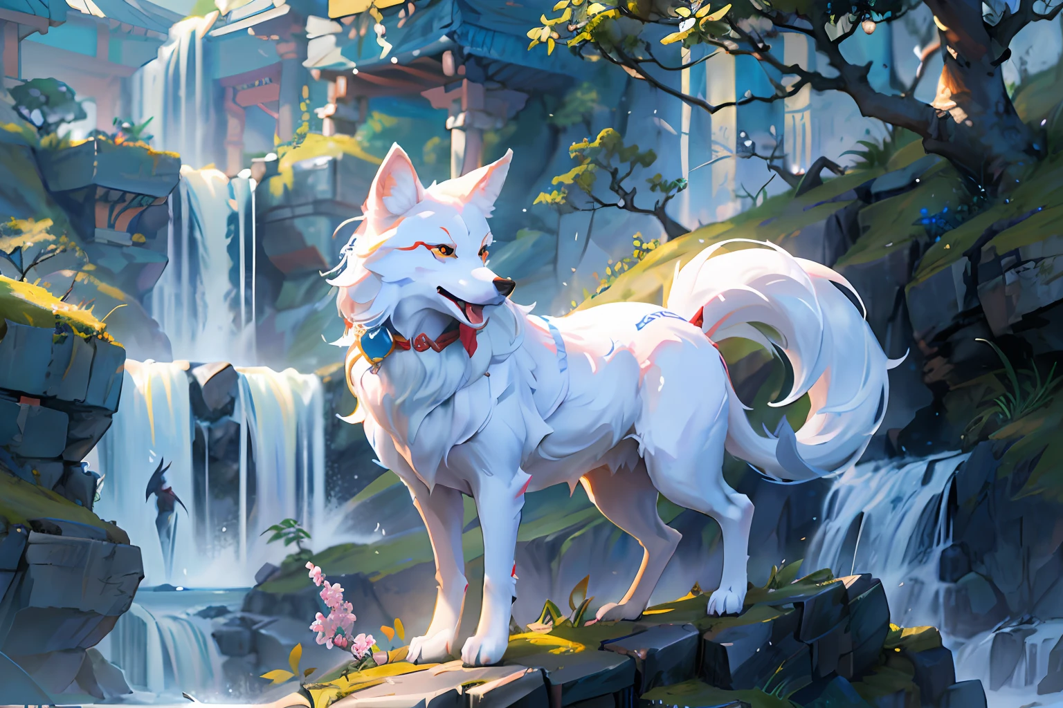 Close-up of a white wolf standing on a rock near a waterfall, kitsune three - tailed fox, mythological creatures, furry fantasy art, Onmyoji detailed art, a mythical creature, by Yang J, White-haired fox, Kitsune, three - tailed fox, Chinese fantasy, Nine stories, highly detailed fantasy art, traditional art, White wolf