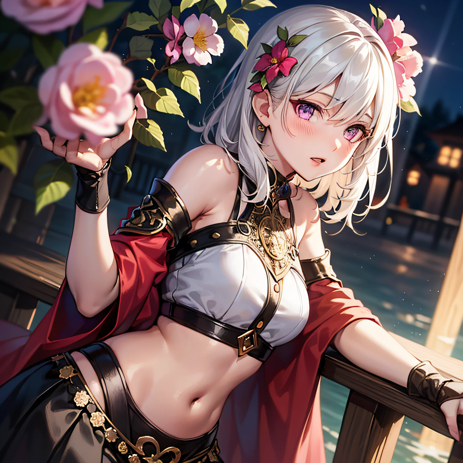 (masterpiece:1.2, best quality), (intricate details), realistic, 1girl, white hair, purple eyes, glowing eyes, crop top, skirt, parted lips, blush, night, flowers, sun, sunlight,