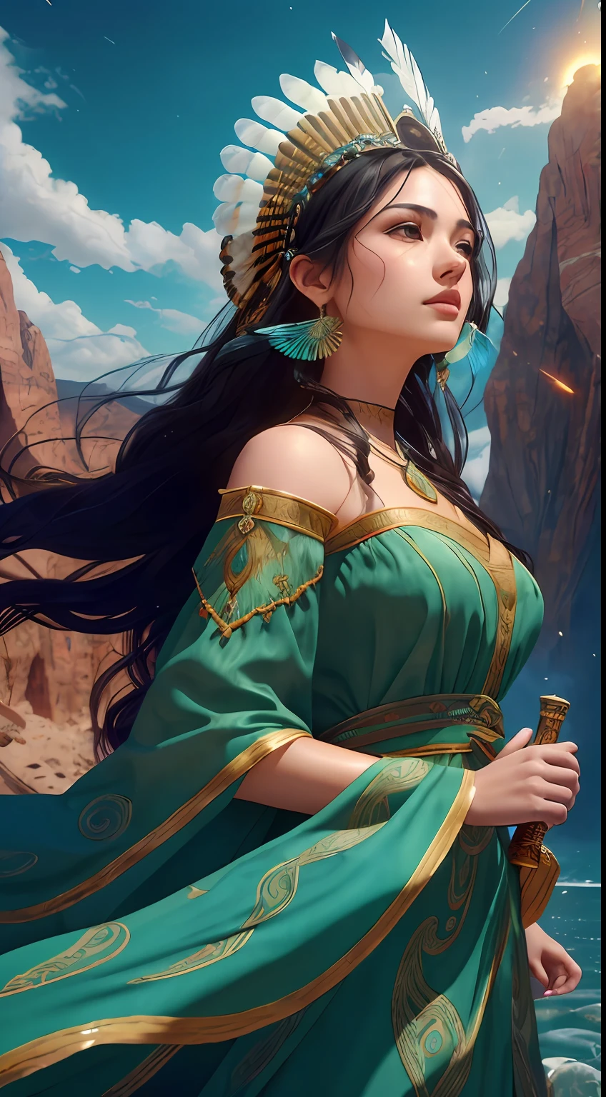 (highest quality, award-winning, masterpiece: 1.5), ultra-high resolution, (a fair-skinned girl: 1.2), long black hair, long hair floating (gorgeous face), calm, green long dress, turquoise, tribal ornaments, (feathers in hair: 0.4), headdress: 0.33, emerald, obsidian, detailed clothes, realistic skin texture, (floating particles, water swirls, embers, rituals, whirlwinds, wind: 1.2), clear focus, volumetric lighting, good highlights, good shadows, subsurface scattering, complex, highly detailed, ((film)), dramatic, (realism: 1.5), background canyon,