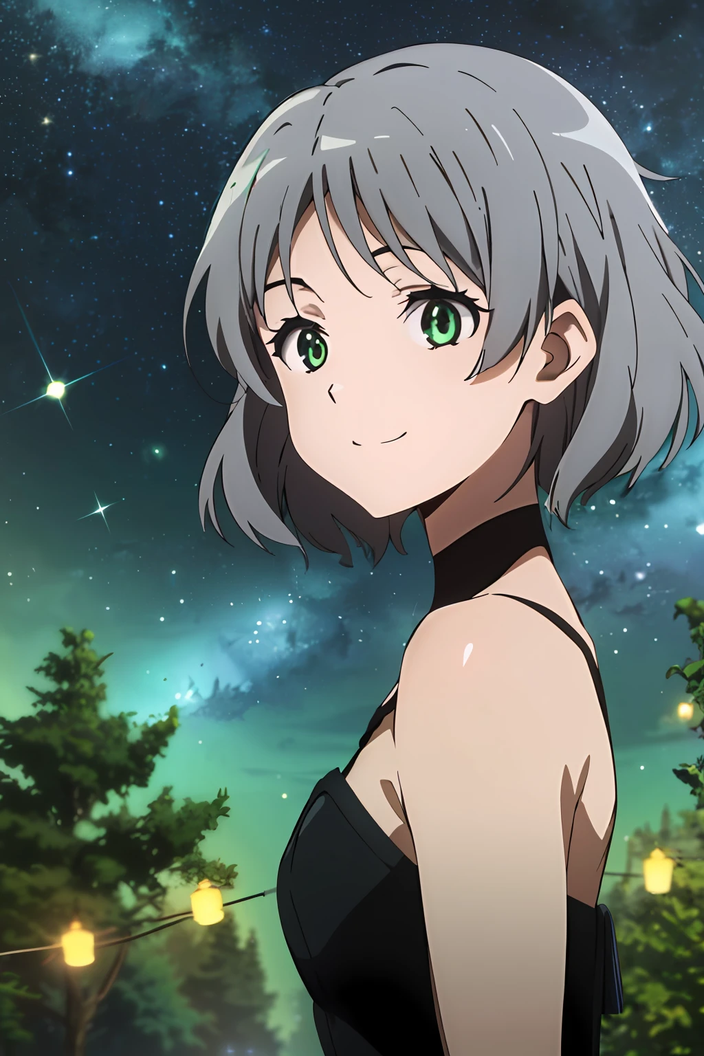 (highres, best quality:1.2), 1girl, radiance, soft contours, beautiful drawing, upper body, concept art, eyelashes, kyoani hyouka style, detailed background, bright colors,
sanya v. litvyak, smile, short fluffy silver hair, green eyes,
((black dress)), lily hairpin in hair, night sky, stars, flickering fireflies