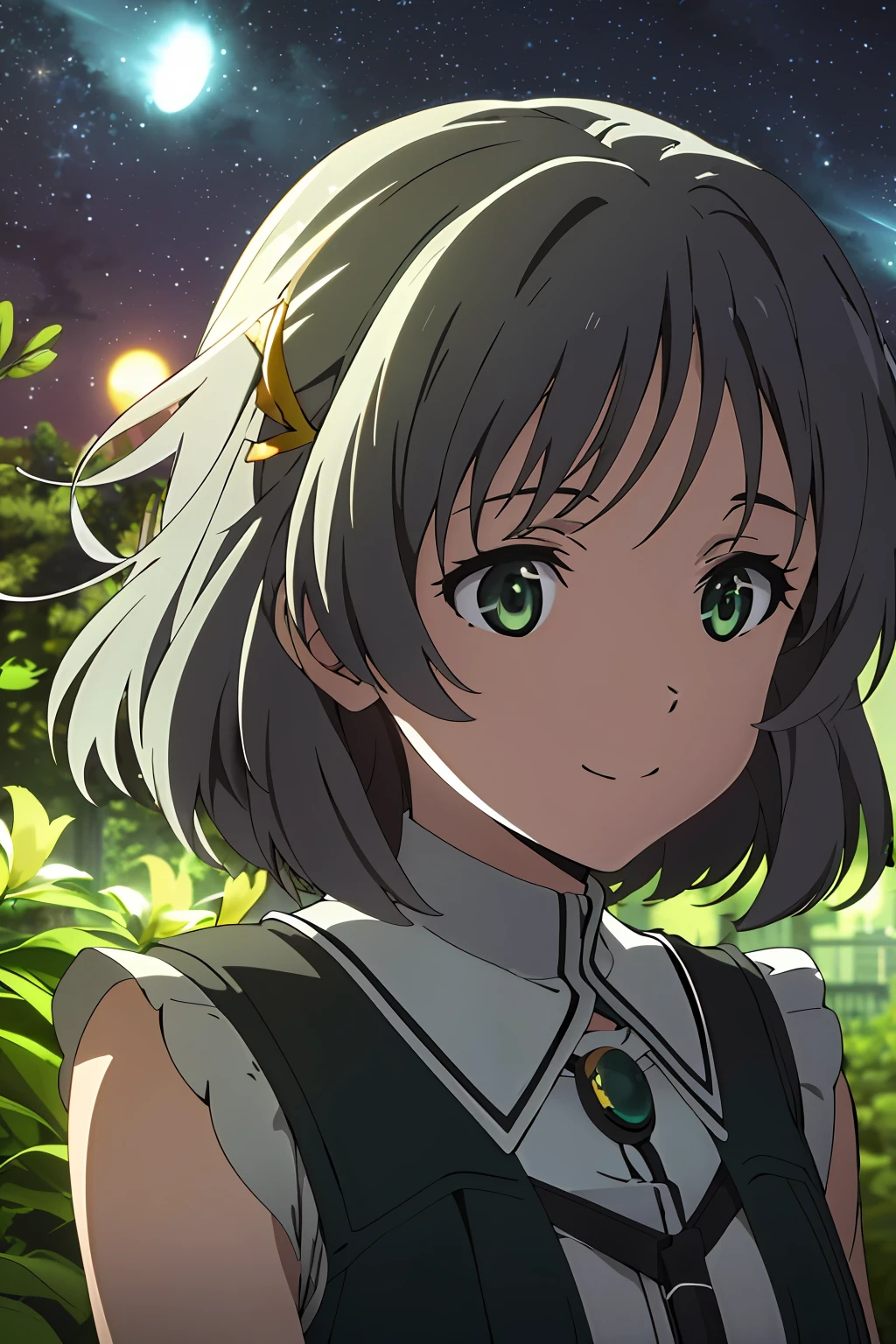 (highres, best quality:1.2), 1girl, radiance, soft contours, beautiful drawing, upper body, concept art, eyelashes, kyoani hyouka style, detailed background, bright colors,
sanya v. litvyak, smile, short fluffy silver hair, green eyes,
((black dress)), lily hairpin in hair, night sky, stars, flickering fireflies