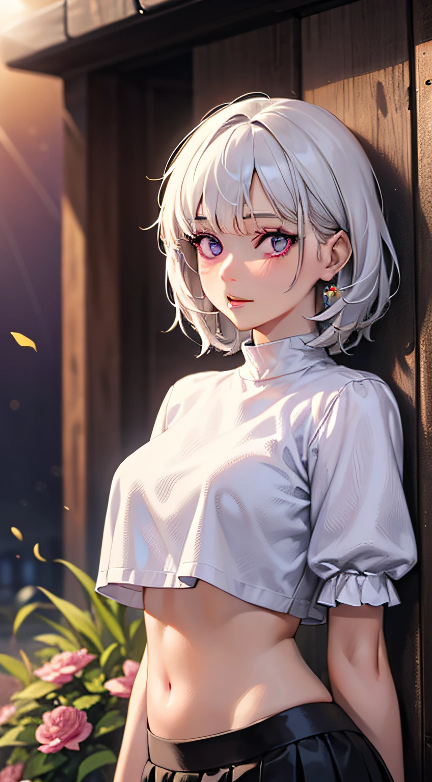 (Masterpiece:1.2, Best quality), (Intricate details), Realistic, 1girll, White hair, Purple eyes, Glowing eyes, Crop top, Skirt, parted lip, Blush, Night, Flowers, Sun, Sunlight,