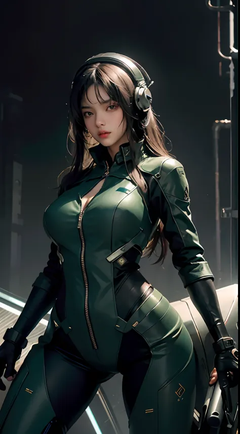 Highest image quality，Outstanding details，超高分辨率，（fidelity：1.4），The best illustration，Favor the details，Highly cohesive 1girl，He has a delicate and beautiful face，Dressed in a black-green mech，wearing a mech helmet，Hold the direction controller，Riding on a ...