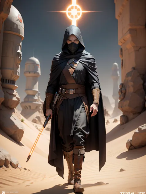 Star Wars poster，125 years old man，A man in a hoodie walks in the desert, fantasy style 8 k octane render, HQ 4K wallpaper, (ren...