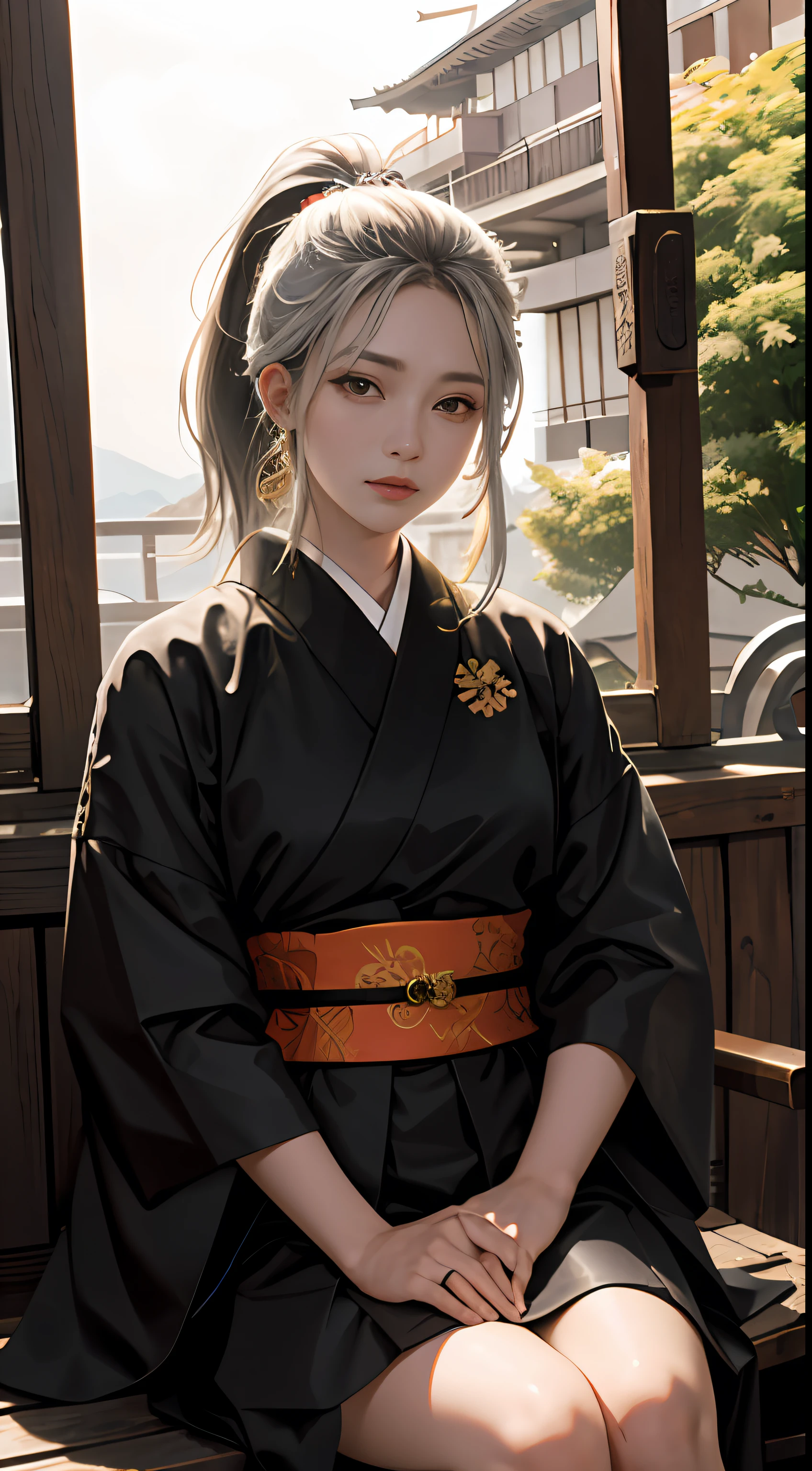 （Japanese samurai during the shogunate：2），Japan antiquity，Red Japanese samurai costume，full bodyesbian，（Play the flute：3），katana swords，dual swords，The badge on Tokugawa Ieyasu's clothes，（Woman sitting on a yellow ginkgo tree：2)，Sharp eyes，Snowy sunset，（tmasterpiece，realisticlying，best qualtiy：1.2），Hair blown by the wind，（Short silver hair，Short hair in a ponytail：2)，Detailed face and eyes，Delicate and beautiful face， Far Mountain, Tree BREAK making art，Lots of green and orange，Complicated details，Volumetric lighting BREAK（tmasterpiece：1.2），（best qualtiy），4K，ultra - detailed，（dynamic compositions：1.4），detail-rich，plethora of colors，（Irridescent color：1.2），（Atmospheric lighting），dream magical，magical，（solo：1.2）