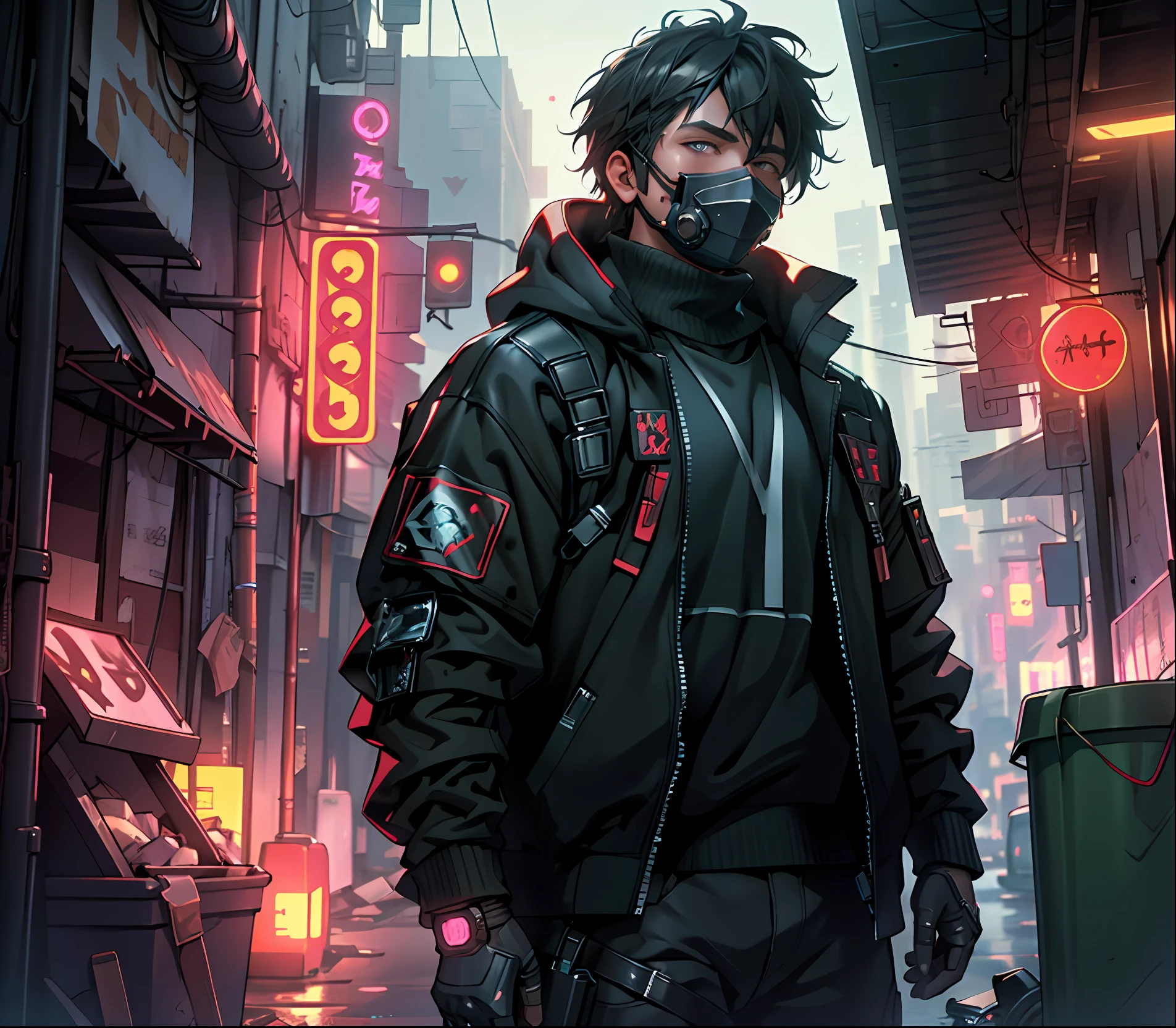 ultra detail, high resolution, ultra detailed, best quality, amazing, top quality, extremely detailed CG unity 8k wallpaper, cinematic lighting, cyberpunk, dark boy, trash gang facemask