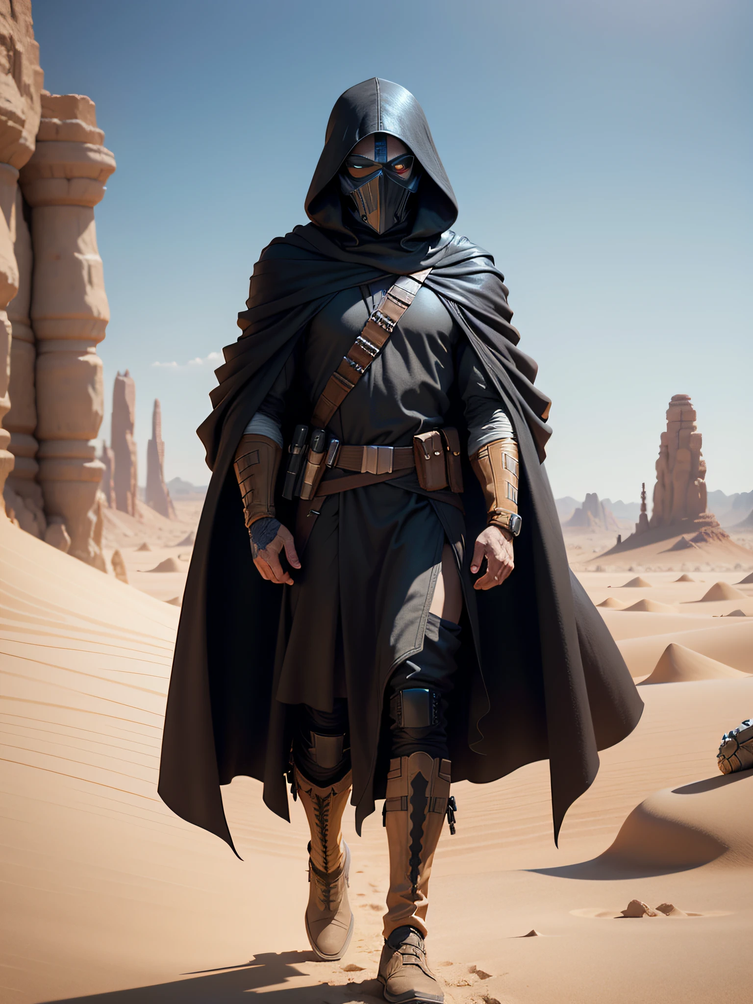 Star Wars poster，1 25-year-old man，A hoodie-masked man walks in the desert, Come from afar，Long-range shots，The background is a huge desert scenery，fantasy style 8 k octane render, HQ 4K wallpaper, (rendering by octane) Fantasy style, hooded cloaked sith lord, cinematic 4k octane render, 4 k movie octane rendering, octane render cinematic, dune style, octane render”, octane render”, ww 1 sith sorcerer