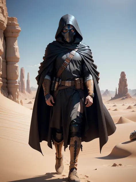 Star Wars poster，1 25-year-old man，A hoodie-masked man walks in the desert, Come from afar，Long-range shots，The background is a ...