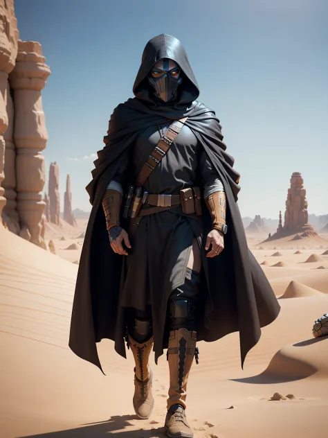 star wars poster，1 25-year-old man，a hoodie-masked man walks in the desert, come from afar，long-range shots，the background is a ...