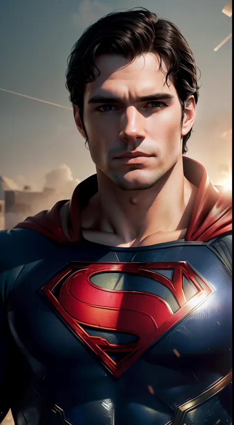 Photo of Henry cavill is superman ,  superhero, upper body,cinematic, movie, grain movie (2023s)1boy, building destroyed , realistic , (8k, RAW photo, best quality, masterpiece:1.2), (realistic, photo-realistic:1.33), best quality, detailed eyes blue, cute...