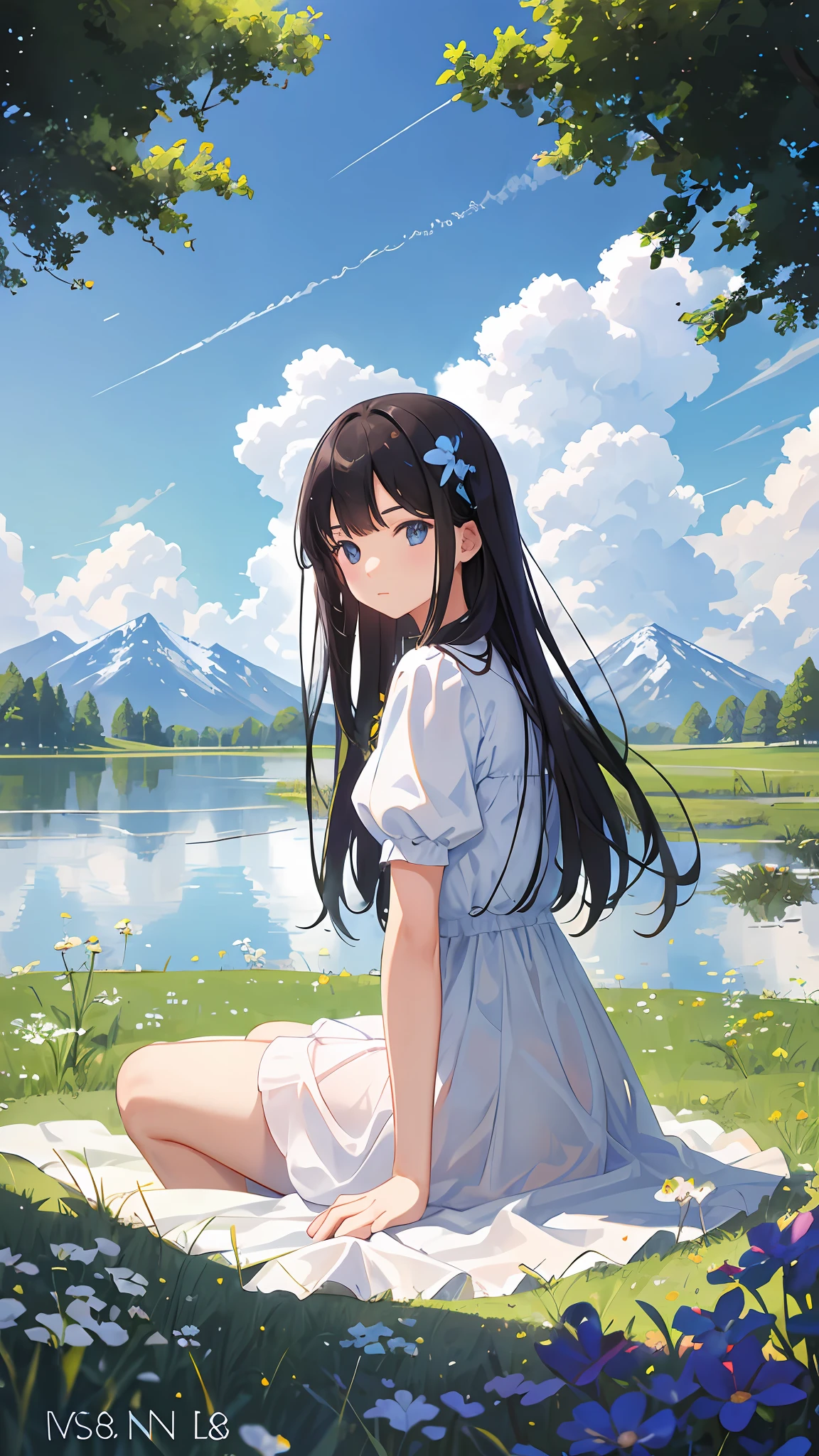 Summer, meadows, few small flowers, clear lakes, sheep, heaven, large clouds, blue sky, hot weather, HD detail, wet watermark, hyper-detail, cinematic, surrealism, soft light, deep field focus bokeh, distant view is snowy mountains, ray tracing, and surrealism. --v6