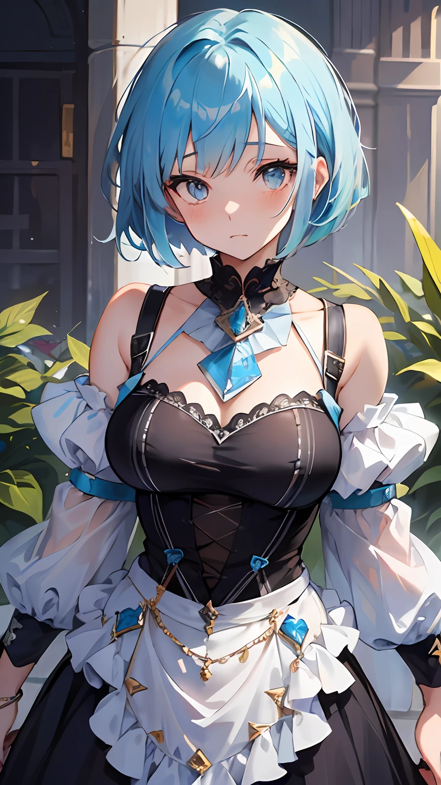 ((masutepiece)), ((Best quality)), 8K, detaileds, Ultra-detailed, Detailed and Intricicated, 1girl in, lightblue hair, bob-cut, wonderful dress, Stare at me shyly,