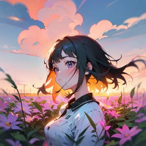 girl in field, (((field of neon flowers))), mid shot, portrait, clouds, sunrise