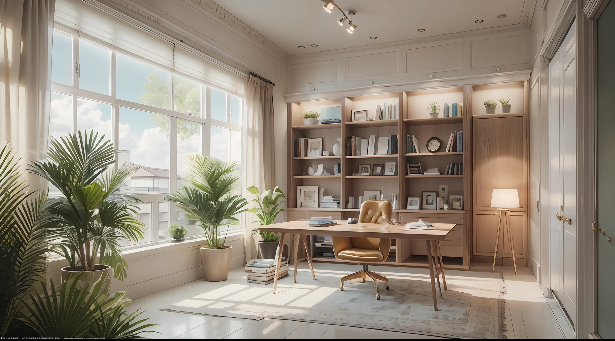 Minimalist style，study room，Rare flowers and plants（1:0.005），suns rays，Large simple desk，bookshelves，sofe，Clean walls，Clean ceilings，No main light desigward winning masterpiece，The details are incredible，big window，highly  detailed，Harper's Bazaar art，fashion magazine，fluency，Clear focus，8K，rendering by octane