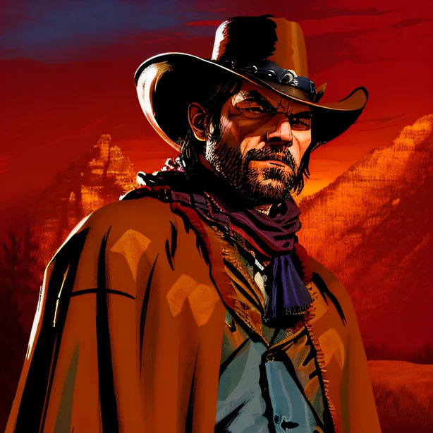 Style R3DD34D, portrait numérique, John Marston, chapeau de cowboy, (poncho brun vif:1.3), Couché sur des rochers en hauteur dans les montagnes, très triste, ciel sombre, coucher de soleil précoce, Forêt au loin,