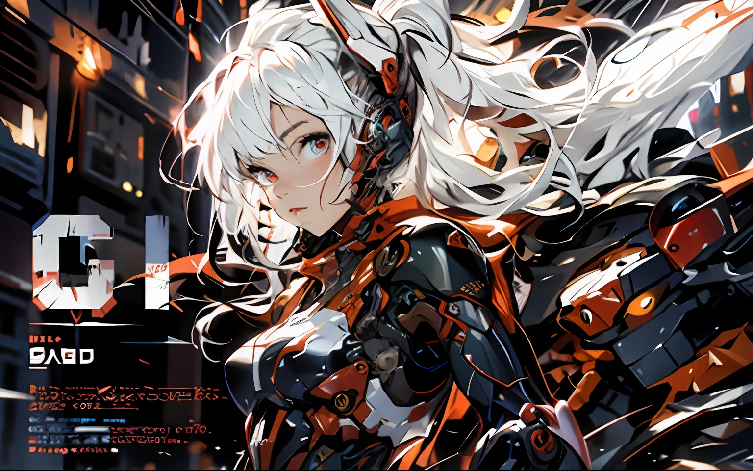 Asuka Langley Soryu，White hair，s the perfect face，irate，red color eyes，dynamic blur，cyborg people，Fighter mech set，cyber punk perssonage，（Magazine cover 1.5），（English text 1.5），Flame eruption，intercom，A sense of future technology，tmasterpiece，best qualtiy，8K，Storytelling images，