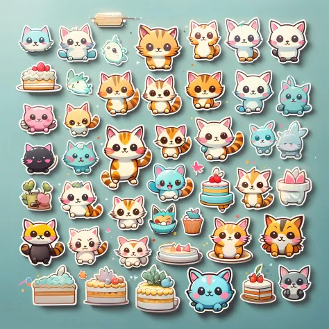 Stickers, stick figures, cute cats, cakes, light blue, solid background, character focus low saturation