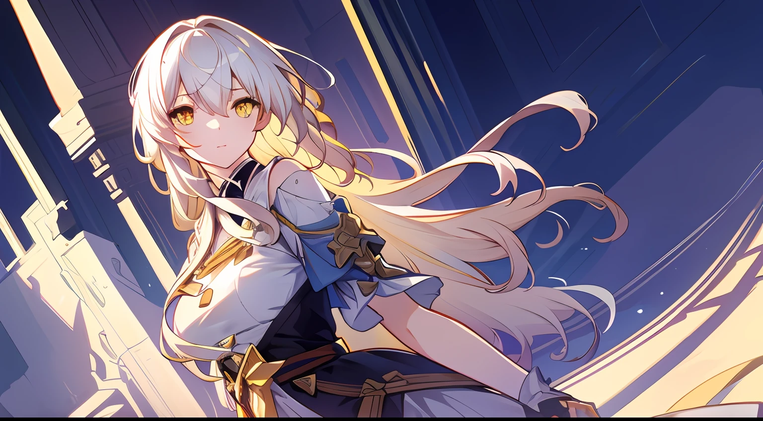 an extremely delicate and beautiful CG illustration, best quality, high resolution, dynamic angle, full-length shot, (1girl), yellow eyes and straight long white hair, floating, soft light, high-key lighting)