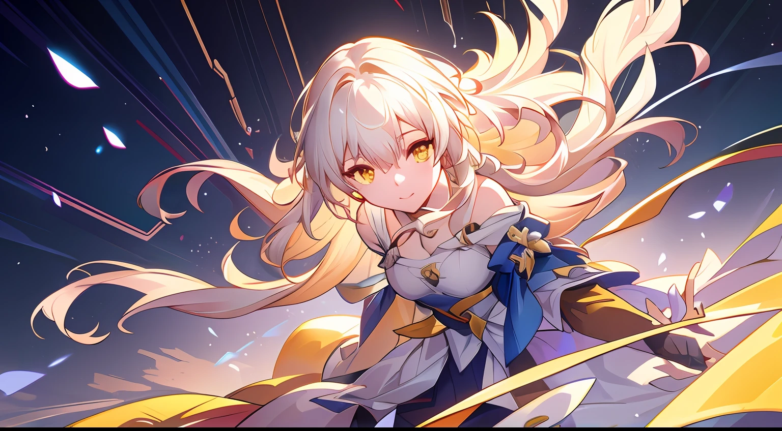 an extremely delicate and beautiful CG illustration, best quality, high resolution, dynamic angle, full-length shot, (1girl), yellow eyes and straight long white hair, floating, soft light, high-key lighting)