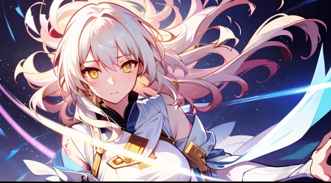 an extremely delicate and beautiful CG illustration, best quality, high resolution, dynamic angle, full-length shot, (1girl), yellow eyes and straight long white hair, floating, soft light, high-key lighting)