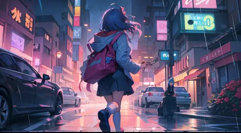 anime girl walking down street in rain at night,, in the art style of 8 0 s anime, the anime girl is running, ' ramona flowers '...