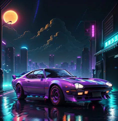 retrowave。城市， 1969 Nissan S30， wide body kit， pathway， PURPLE NEON MONITOR LIGHT， suns， mont，The Car。cyber punk perssonage，城市，ro...
