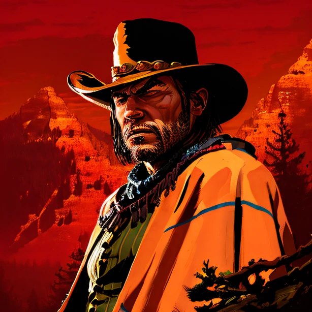 Style R3DD34D, portrait numérique, John Marston, chapeau de cowboy, (poncho brun vif:1.3), Couché sur des rochers en hauteur dans les montagnes, très triste, ciel sombre, coucher de soleil précoce, Forêt au loin,