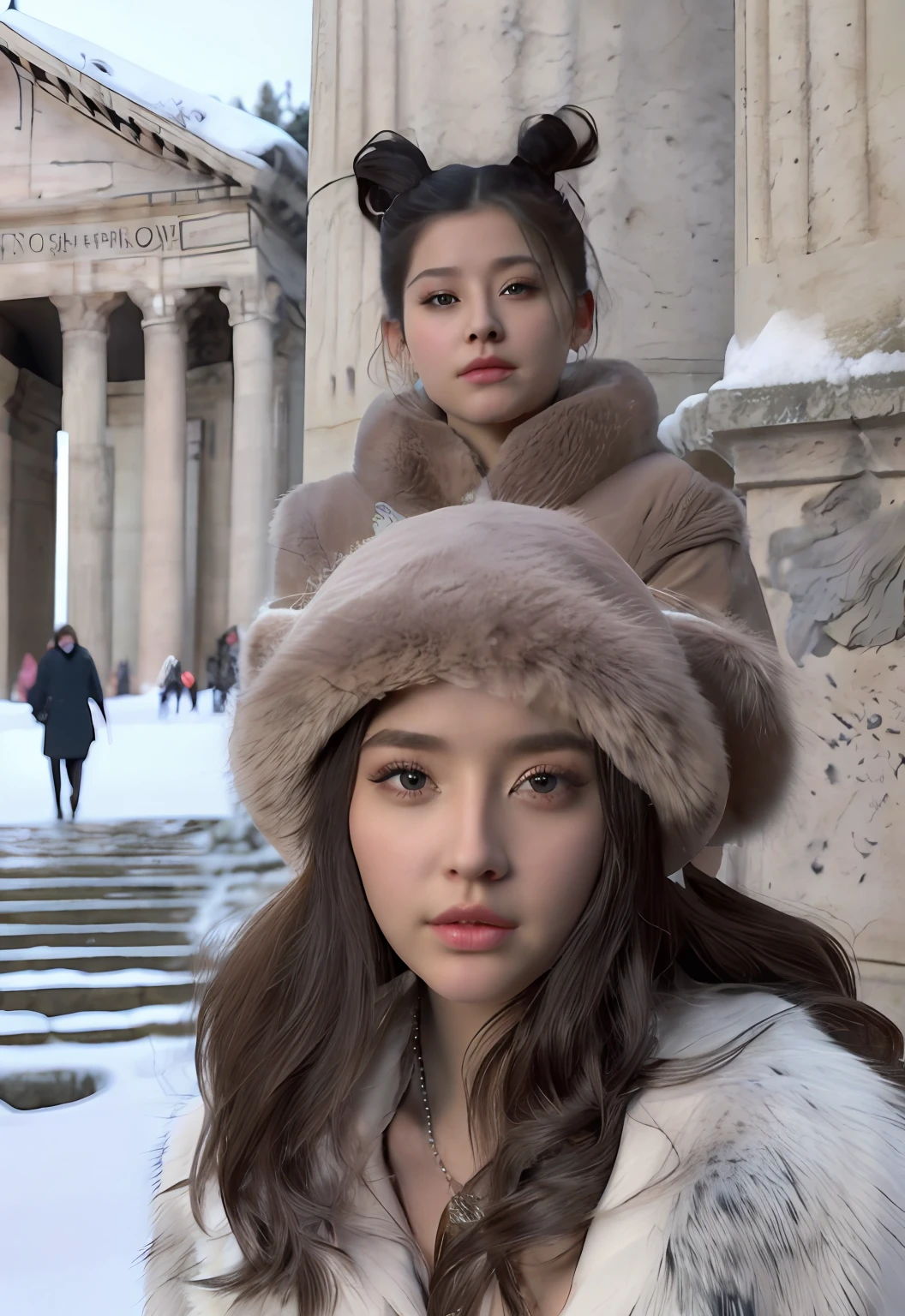 (Concentration positive, Photo originale), (2 filles,duo,nombril,Entrez au Panthéon de Rome,foule,hiver,neige),Portraits féminins surréalistes de David Hockney et Alphonse Mucha, art fantastique,Portez de magnifiques fourrures, (Pupille bleue: 1.4, pupilles brillantes: 1.4, gros yeux: 1.1), fidélité des photos, Éclairage dynamique, Station artistique, affiche pour, éclairage volumétrique, visage très détaillé, 4k, primé, ombres, discret, (tenue officielle: 1.4, magnifique fourrure, vêtements complexes, Fourrures), en regardant la caméra, Coup de buste, (visage réaliste)),