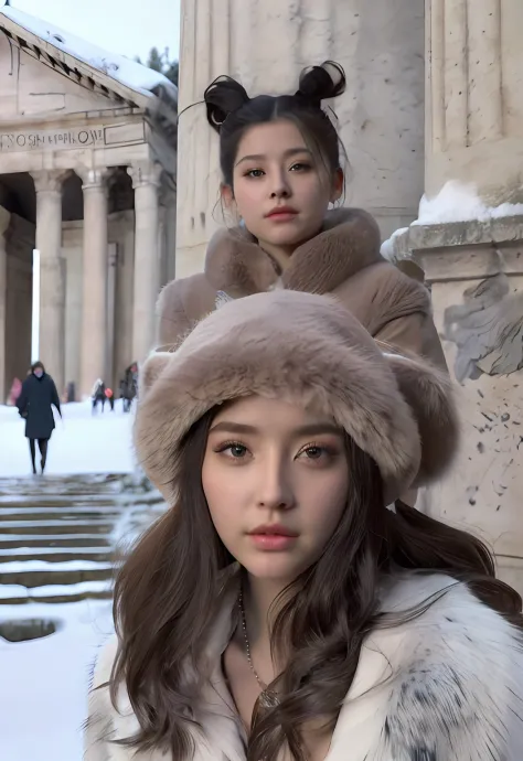 (Positive focus, Original photo), (2girls,duo,navel,Enter the Pantheon in Rome,crowd,winter,Snow),Surrealistic Female Portraits ...