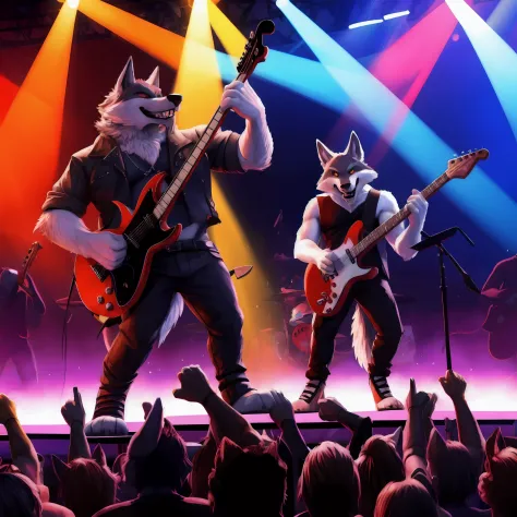 Lobo da morte tocando guitarra com seus amigos em um show em Los Angeles