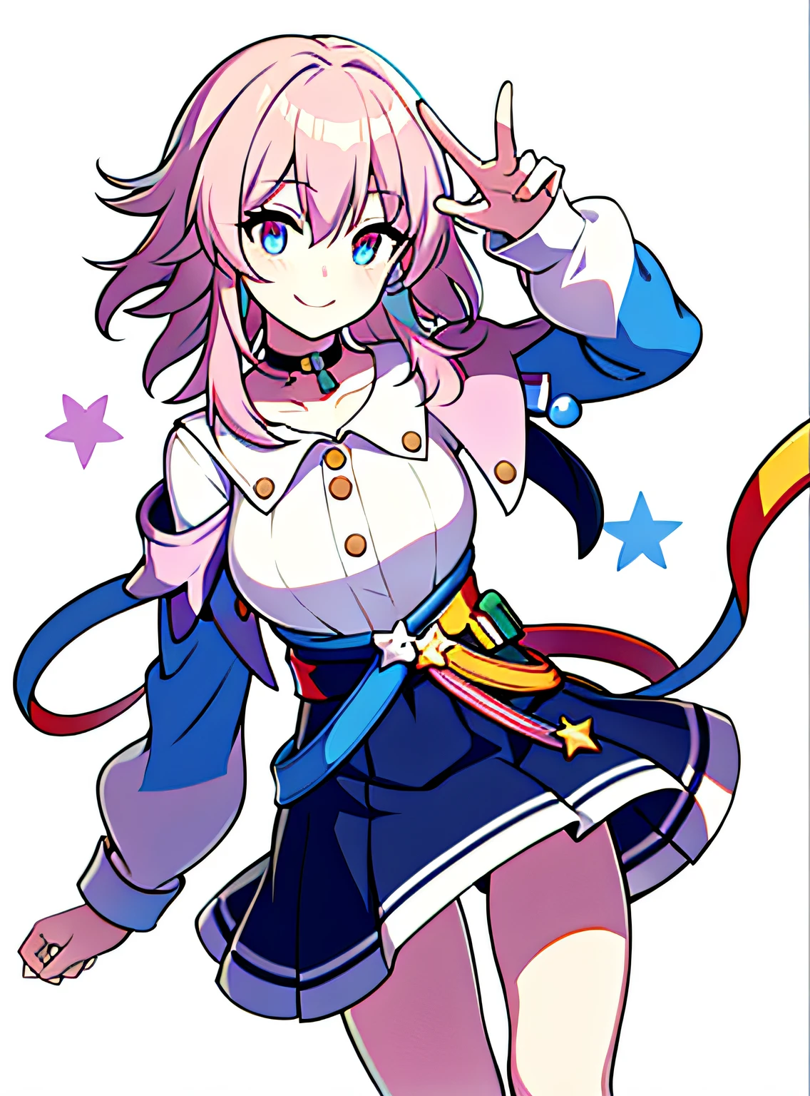 masterpiece, highres, best quality, cartoon, 1girl, flying, cute, white background, sticker, space, star \(symbol\), multicolored background, march7th, short hair, multicolored_eyes, pink hair, bangs, blue_eyes, long locks, ribbon earrings, shirt, skirt, choker, jacket, smile,