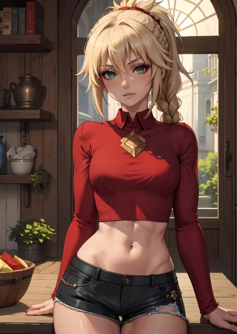 Beautiful, Masterpiece, Best Quality, extremely detailed face, perfect  lighting, mordred \(fate\), a 1girl, 独奏, Green eyes, thi...