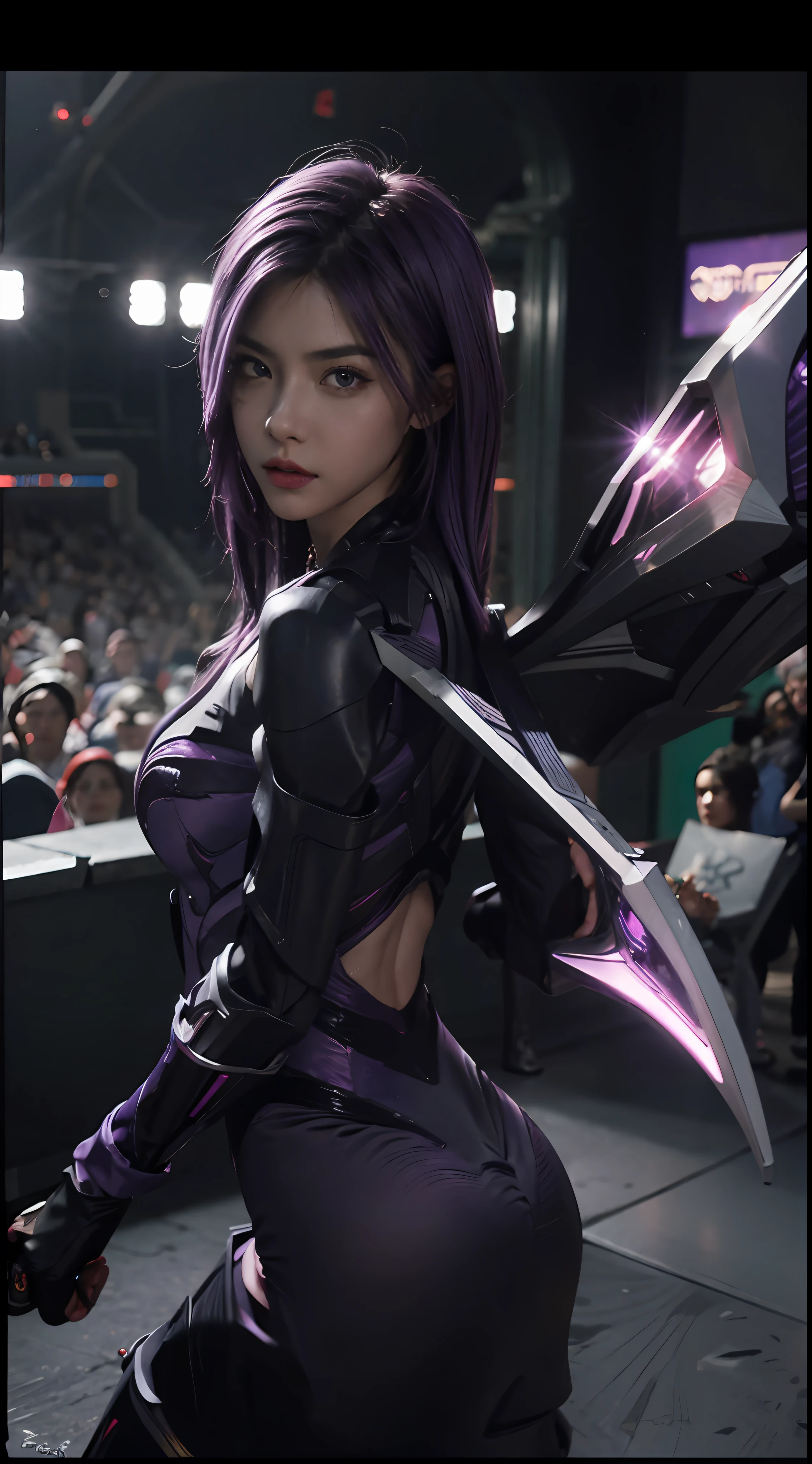 1fille, Kai&#39;sa, League of Legends, échouer, ailes violettes, cheveux violet foncé, yeux violets, Expression sérieuse, éblouissement intense, En regardant le public, par derrière, (pose dynamique), (ailes vides), armes, chef-d&#39;œuvre, fond d&#39;écran CG Unity 8k extrêmement détaillé, Meilleure qualité, 32k, Mise au point claire, CyberCité, enseigne au néon, OUVERTURE, champ vide