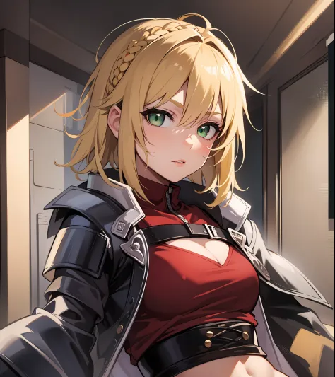 Beautiful, Masterpiece, Best Quality, extremely detailed face, perfect  lighting, mordred \(fate\), a 1girl, 独奏, Green eyes, thi...