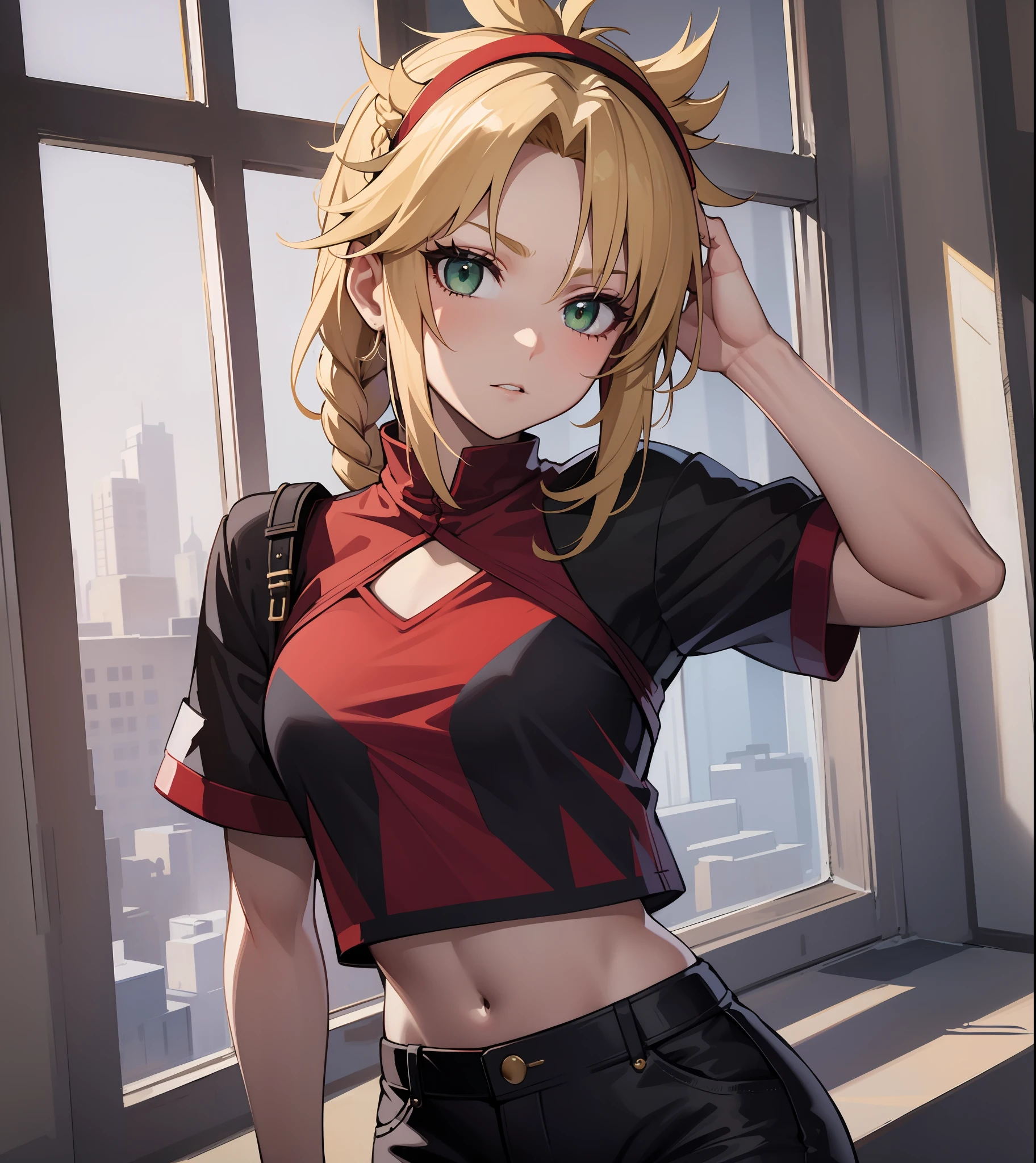 Beautiful, Masterpiece, Best Quality, extremely detailed face, perfect  lighting, mordred \(fate\), a 1girl, solo, Green eyes, thinking, braid, stands, black shorts, blusher, clavicle, crop-top, plate armor, looking a viewer, little chest, Red shirt, Shirt, wide thighs, upper-body,