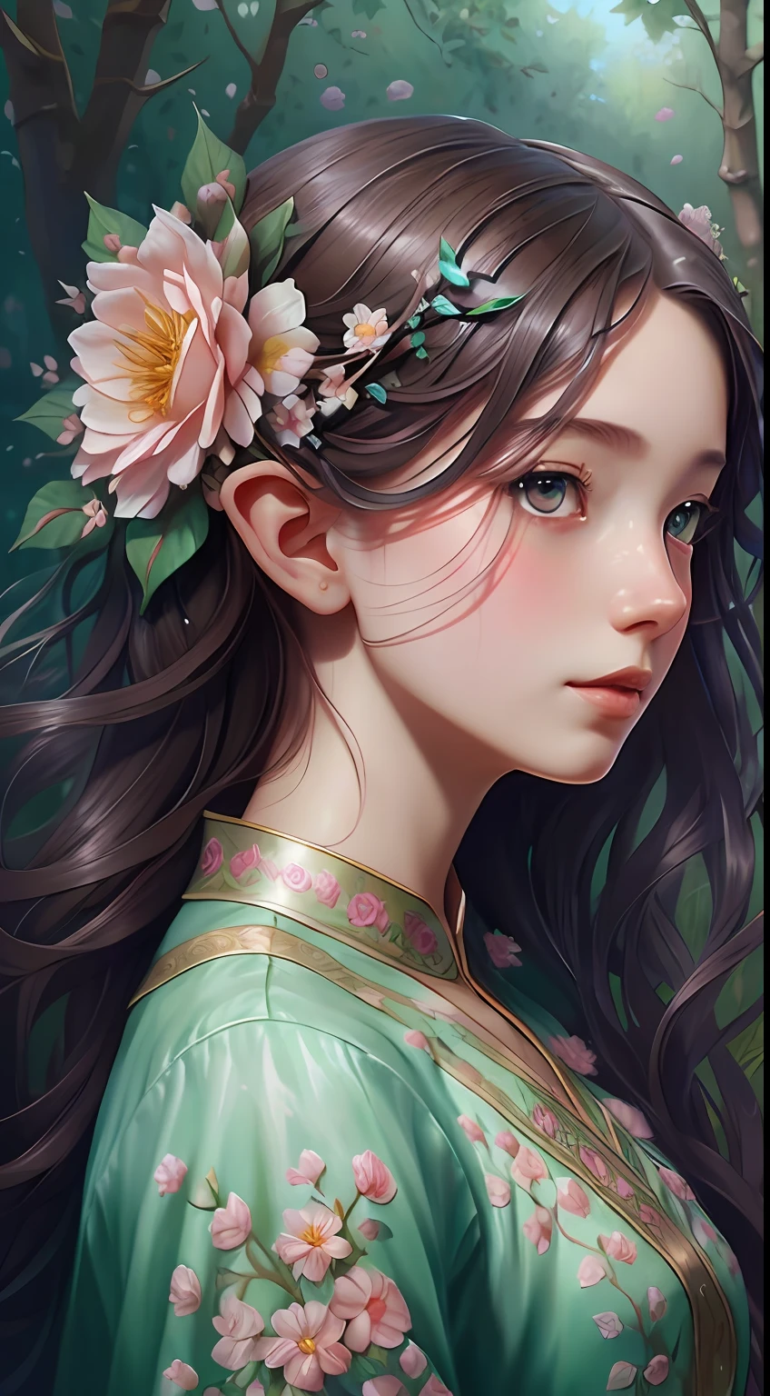 There is a digital painting，A girl with flowers in her hair, Deviantart ArtStation CGSCOSIETY, digital fantasy art ), Fantasy art Behance, hyperrealistic fantasy art, Beautiful digital artwork, Elf Girl, Realistic fantasy illustration, detailed fantasy digital art, flod, digital fantasy art, Beautiful digital illustration, Realistic fantasy artwork, stunning digital illustration