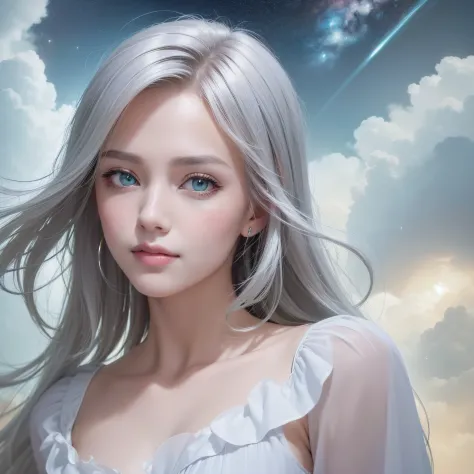 (Best Quality:1.5), (Exquisite CG), (High resolution:1.5)、The face is protruding from the photo、greeneye、Sapphire green eyes、lipgloss、Eye Gloss、Raise the corners of your mouth and smile、Open your mouth a little、round and large eyes、short silver hair、the ba...